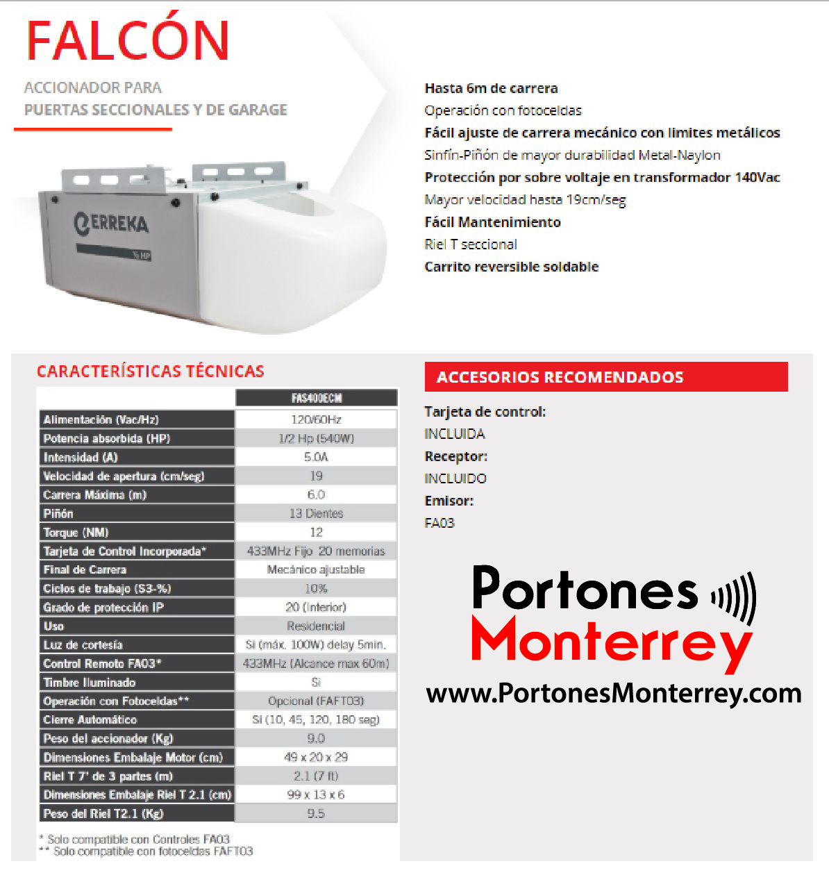 Erreka Falcon Motor para porton Corredizo, Abatible o Ascendente automatica – 1/2 HP-1